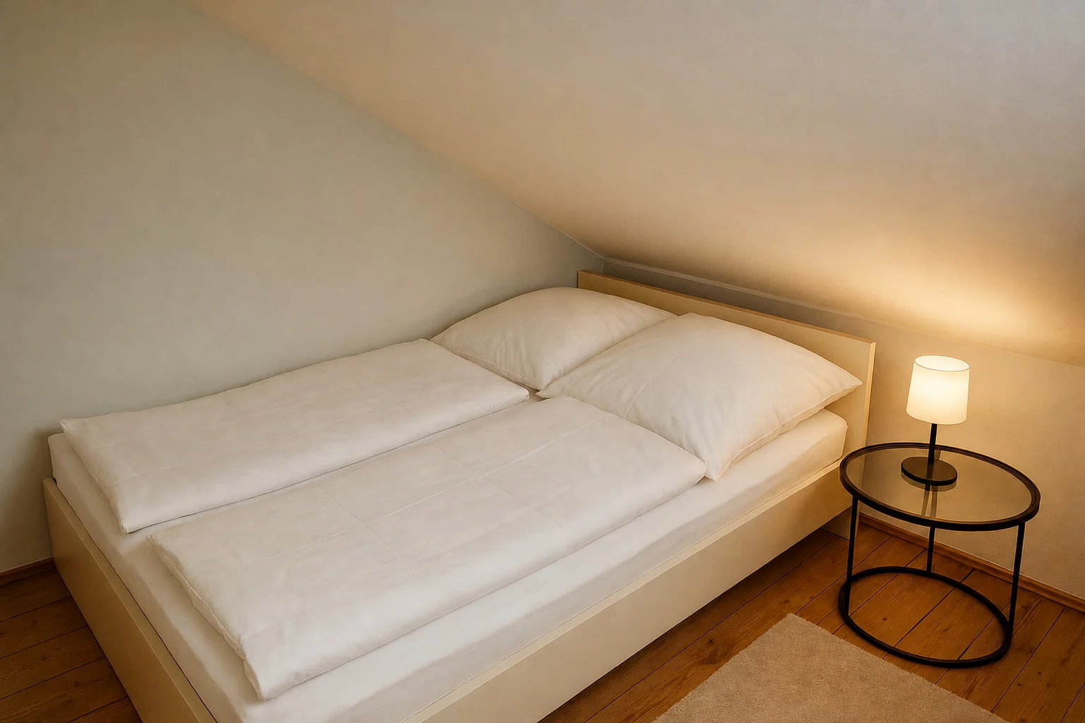 Separate Schlafnische unter der Dachschräge mit bezogenem Doppelbett